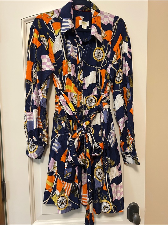 Maeve Dresses & Skirts - Anthropologie Maeve Navy Shirt Dress with Orange, Purple & Cream Nautical Print